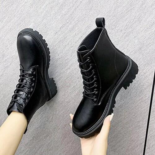 2021 Womens PU Leather Ankle Boots Ladies Lace Up Platform Flat Female Non-Slip Zip Shoes Womens Comfortable Solid Footwear