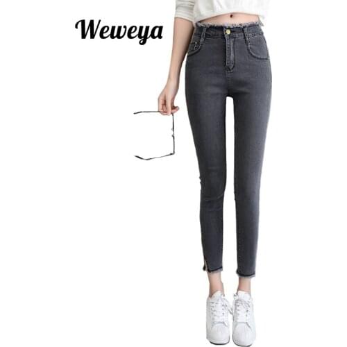 Weweya High Waist Jeans For Women Ankle-Length Jeans Skinny Female Pencil Pants Fork Tassel Jeans Stretch Students Pants