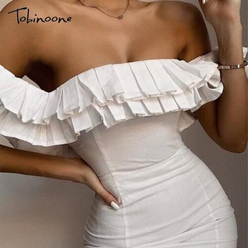 Tobinoone Off shoulder strapless short dress bodycon ruffle pleated summer dresses Women Elegant holiday slim beach mini dress