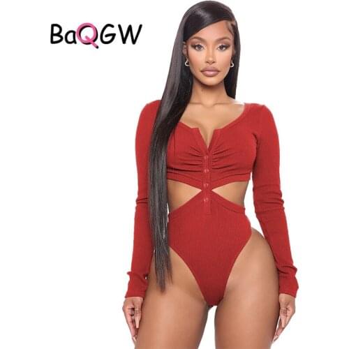 BaQGW Rib Knitted Sexy Bodysuit Women Hollow Out Button V Neck Bodycon Romper Streetwear Jumpsuit One Piece Overalls Body Femme
