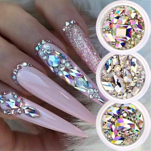 1 Box Glitter 3D Rhinestones AB Flat Back Shiny Stones Nail Art Decorations Mixed Size Nail Gems Crystal Strass Accessories