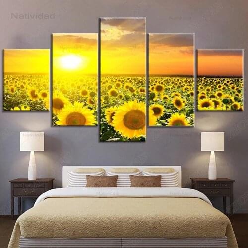 5 Pieces Modern Canvas Painting Sunflower Sunset Wall Art Golden Flower Field Wall Pictures for Living Room Home Decor No Frame