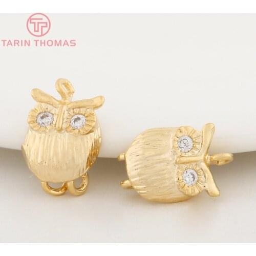 4PCS 7.5x12MM 24K Champagne Gold Color Plated Brass with Zircon Small Owl Charms Pendants High Quality Jewelry Accessories