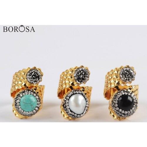 BOROSA 5Pcs New Gold Color Double Round Rhinestone Paved Pearl Blue Howlite Turquoises Black Agates Band Ring Jewelry JAB963