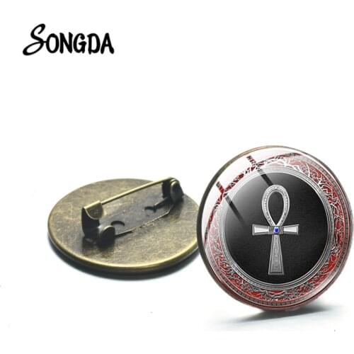 Egyptian Ankh Crucifix Pharaoh Brooch Pin Symbol of Ancient Egypt Civilization Art Pattern Glass Cabochon Lapel Pins Icon Badges