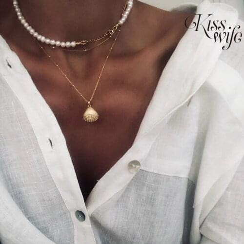 KISSWIFE Vintage Pearl Chain Necklaces For Women Fashion Multi-layer Shell Pearl Necklace 2020 Bohemian New Choker Jewelry