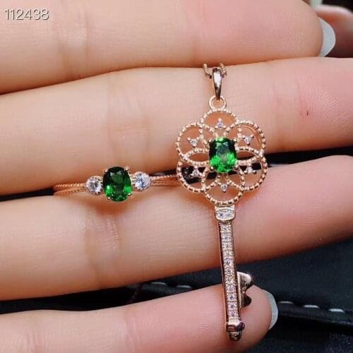 Ancient Lovely Hollowing Key S925 silver natural green diopside ring Pendant natural gemstone jewelry set woman party gift
