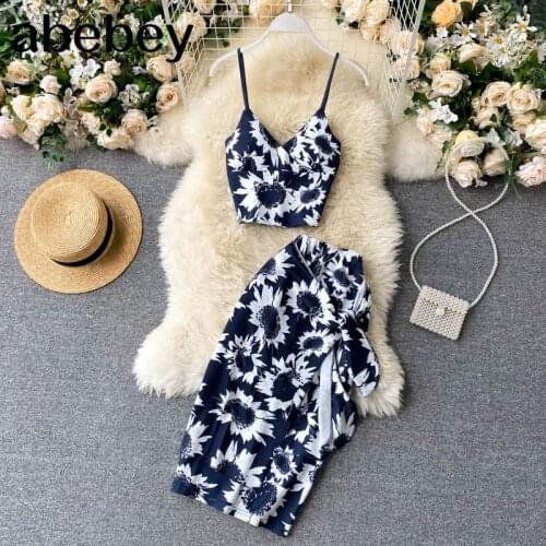 Designer Women Autumn Retro Korean Flower Set Sexy Strap Short Tops + High Waist Slim Split Skirt Two Pieces Set