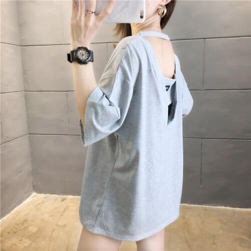 Harajuku Korean T Shirt Women letter print Back hollow t-shirts Fashion oversized gray Tee Gothic Clothes long Shirt Black Tops