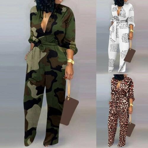 Fashion Women Casual Pocket Jumpsuits Autumn Sexy Camouflage Leopard Letter Bandage Buttons Long Sleeve Romper Jumpsuits Female