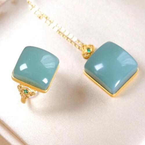Natural Hetian Jade Green Jade Pink Green Pale Blue Rings Pendants Set S925 Sterling Silver Plated Gold Inlaid with Jade Gift fo