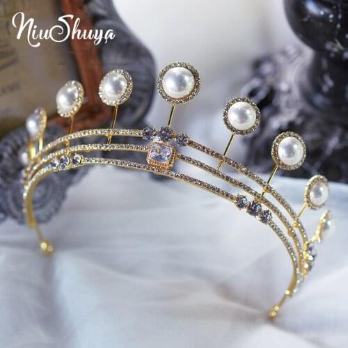 NiuShuya Luxury Pearl Bridal Crystal Tiaras Crown Princess Queen Pageant Prom Rhinestone Veil Tiara Party Wedding Hair Accessori
