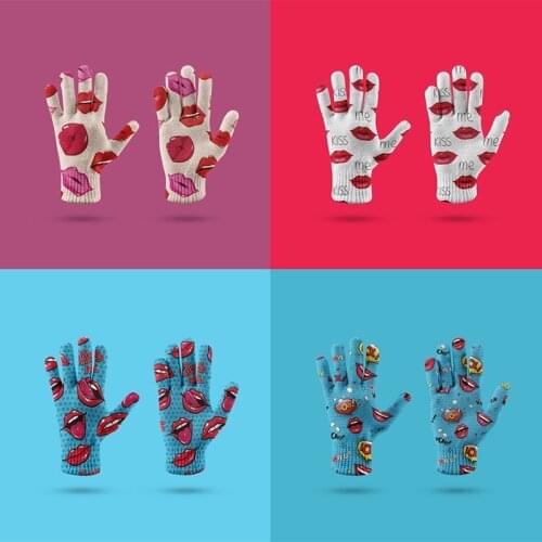 New Fashion Couples Thick Knitted Gloves 3D Printed Women Working Garden Gloves High Quality Mittens Touch Screen Mobile Phone