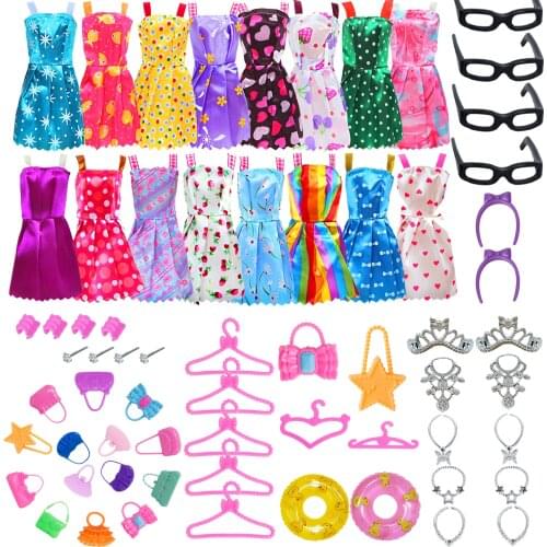41 Pcs/Set Doll Outfit 10 Mini Dresses 6 Hangers 2 Handbag 2 Swimming Rings + Random 21 Accessories Clothes for Barbie Doll Toy