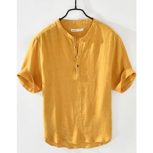 Pure Linen Short Sleeve Shirt for Men Summer New Japanese Fashion Pullover Tops Male Thin Slim Fit Button Up Retro Clothes