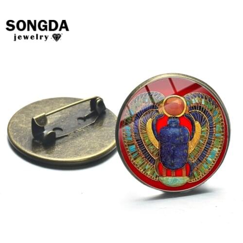 SONGDA Ancient Bronze Color Egyptian Scarab Brooches Symbol of Strength Pattern Glass Round Metal Pins Button Badges Accessories
