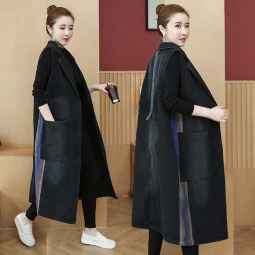 Super long black denim waistcoat Women over the knee slimming sleeveless denim cotton waistcoat jacket oversized denim Waistcoat