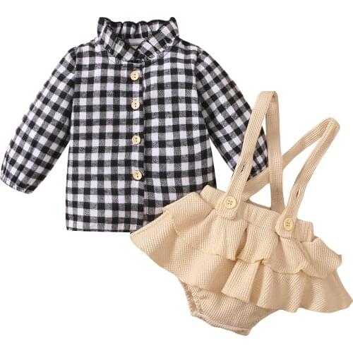 0-18M Baby Girl Tops Pants Suit Long Sleeve Lapel Neck Blouse Suspender Ruffle A-Lined Pants