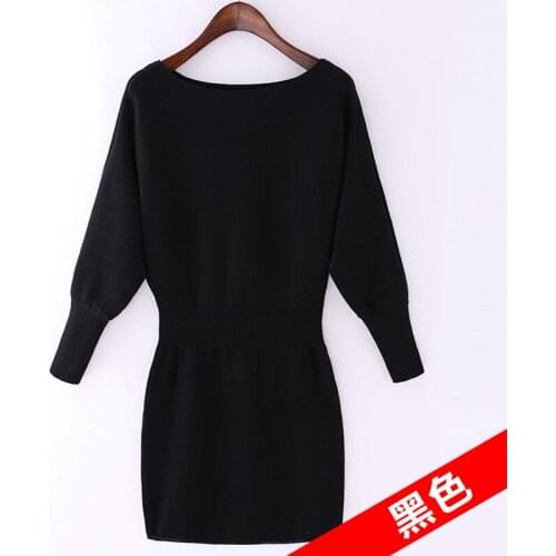Autumn and Winter New Bat Sleeve Elastic Waist Large Size Sweater Slim Package Hip Knit Dress (9 Colors Optional)