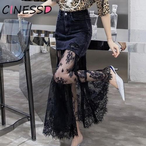 Sexy Mesh Womens Tulle Skirts 2020 Summer High Waist Long Black Jeans Skirt Mesh Tutu Pleated Denim Patchwork Midi Skirt Saias