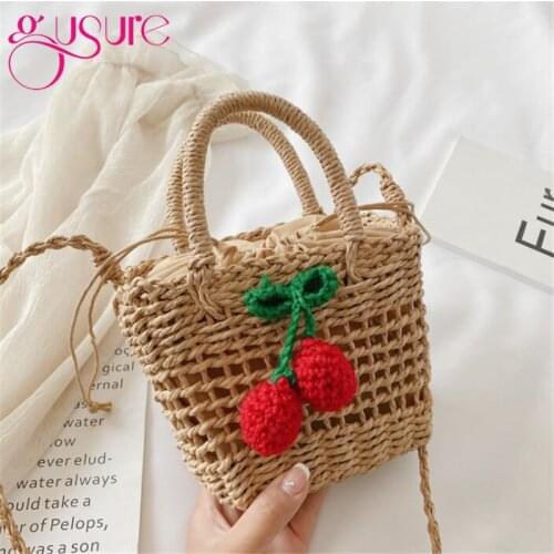 Gusure Women Summer Straw Bucket Bag Beach Holiday Shoulder Messenger Bags Weave Basket Hollow Out Cherry Handbag for Girls