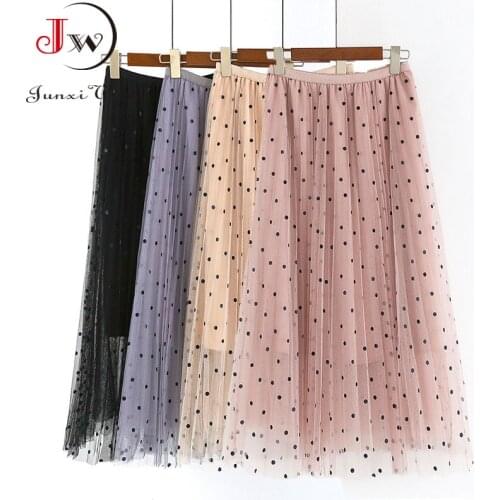 3 Layers Mesh Sweet Dot Pleated Skirt Women Solid Elastic Waist Spring Summer Elegant Office Ladies Long Skirts Casual Saias