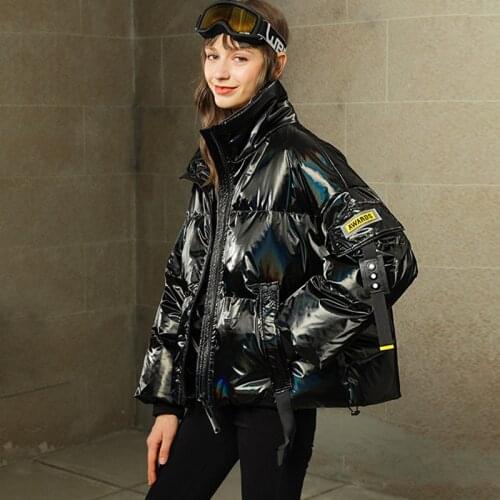Women 2021 New Winter Shinny Puffer Jackets Female Loose Glossy White Warm Duck Down Coat Lady Stand Collar Short Bubble Outwear