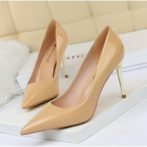 BIGTREE New Metal Heel Shoes Women Patent Leather Thin High Pumps Heeled Sexy Elegant High Heels Pointed Fashion Ladies Shoes