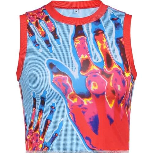 Summer womens abstract hand-bone print personality hit color o neck pullover Slim navel sleeveless top