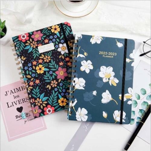 2022 English schedule notepad daily weekly planner A5 coil notebook calendar notepad Twin-Wire Binding- Black Floral