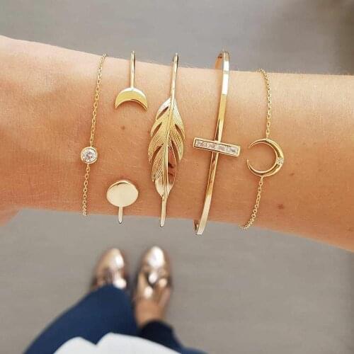 4 Pcs/set Fashion Crystal Leaves Bracelets Multilayer Set For Women 2020 Charm Geometric Sun Moon Feather Bangle Jewelry Gifts