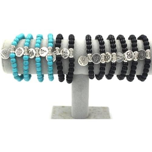 8mm hrfg3 elastic adjusted nature stone Frosted agate Onyx black volcanic lava turquoise Lotus life tree Buddha Bracelet