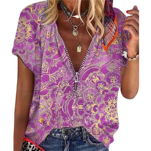 Blouse Women Summer Retro Print V-Neck Zipper Short Sleeve Loose Shirt Blouse Ladies Casual Breathable Tops New