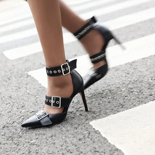 Summer The New fashion Comfortable Buckle Fine heel Womens Sandals Womens shoes woman Big size 34-48 black white Heel 9.5cm