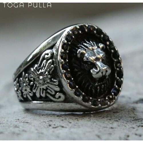 Hip Hop Gold Silver Color Crystal Lion King Ring Man Boy Stainless Steel Punk Biker Lion Ring Male Animal Jewelry Big Size
