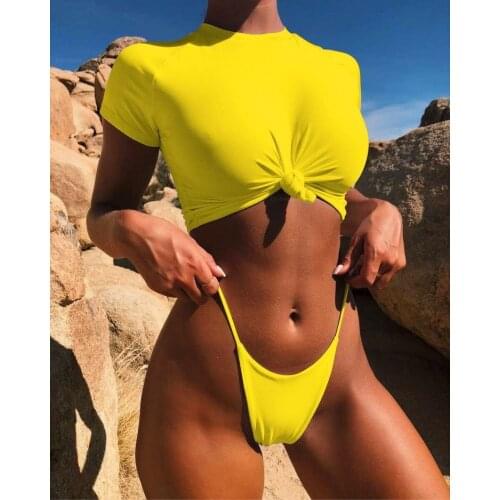 Summer 2021 New Women Sexy Short Sleeve Knot Split Swimsuit Bikini Biquini Maillot De Bain Femme Stroje K Pielowe Damskie