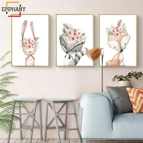 Woodland Animal Nursery Decor Rabbit Fox Deer Flower Canvas Painting Anime Poster Nordic Wall Pictures for Girls Room Decoration