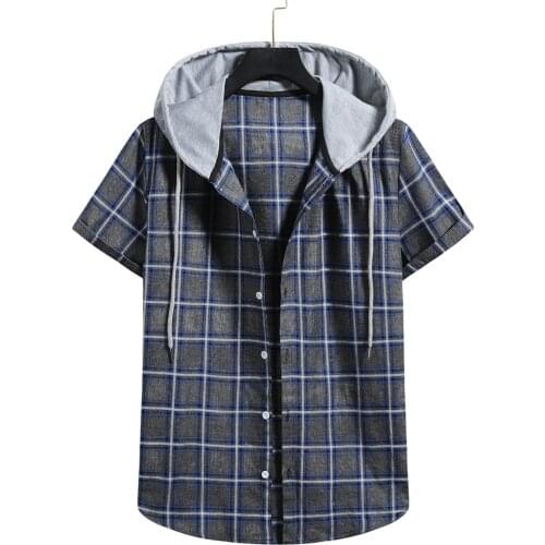 40# Mens Oversize T-shirts Summer Vintage Grid Casual Loose Lapel Hooded Check Short Sleeve Fashion T-shirts Футболки Оверсайс