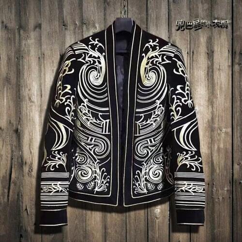 Night club man Korean hair stylist small suit printing embroidery coat men trend slim S-3XL! Singers costume