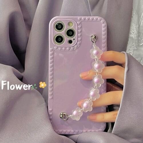 3D Love Heart Candy Color Case With Flower Wrist Bracelet For iPhone 11 12 Pro Max XR XS Max X 7 8 Plus Soft Shockproof Cover