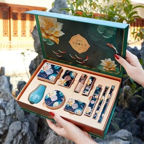 10pcs Beauty Makeup Cosmetic Set Lotus Box Suit Lipstick Ivory Concealer Eye Shadow Setting Powder Eyebrow Eyeliner Pen BB Cream