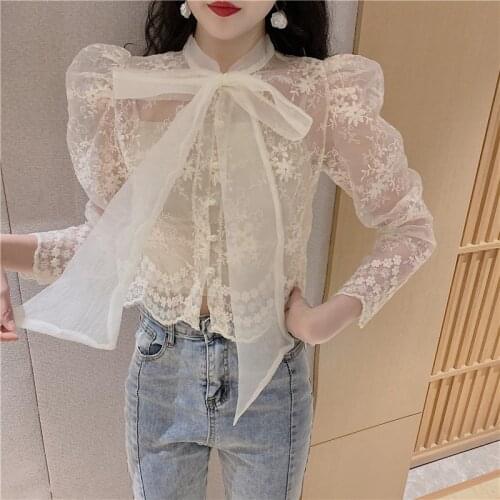 New womens lacing bow collar organza lace floral embroidery perspective long sleeve blouse shirt and inside vest 2 pieces tops