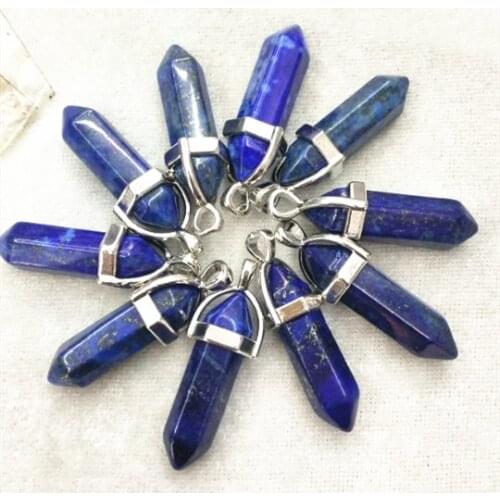 10pcs Nature lapis lazuli Stone Fluorescent Hexagonal Column Necklace gemstone Bullet Stone Pendant Necklace 32x8mm for womens
