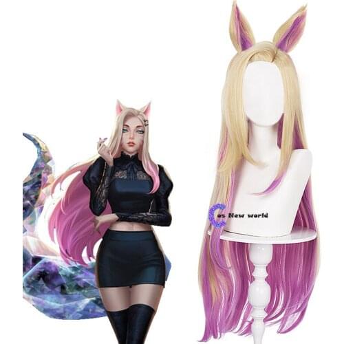 KDA Baddest Ahri Cosplay Wigs LOL KDA Cosplay Blonde Mixed Pink Wigs with Ears Heat Resistant Synthetic Hair Game
