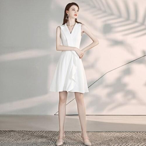 Special Occasion Dresses Vintage V-Neck Sleeveless Luxury White Knee-Length A-Line Satin Zipper Elegant Women Prom Gown E1027