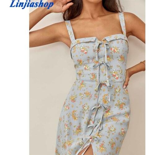 Summer Woman Blue Floral Dress Sexy Backless Sleeveless Bandage Ruched Elastic Dresses for Women Party Chic Lady Clothes