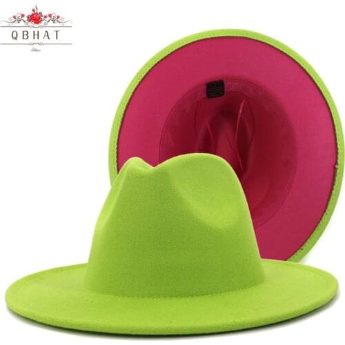 QBHAT Lime Green and Hot Pink Patchwork Jazz Felt Hat Women Men Wide Brim Faux Wool Panama Fedora Hats Party Formal Hat