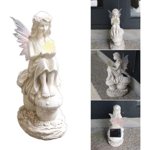 Solar Fairy Garden Statue Handmade Resin Elf Ornament with LED Light Sitting Genie Holding A Lighting Bird for Outdoor D1