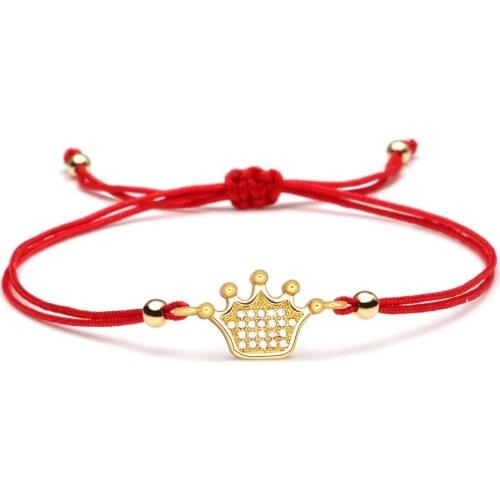 Sparkling Cubic Zirconia Copper Crown Charm Bracelet Red Cord Braided Adjustable Slide Chain Everyday Trendy Jewelry Present