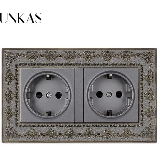 UNKAS Dual EU Standard Wall Power Socket 146MM*86MM 4D Embossing Zinc Alloy Panel Outlet Grounded With Child Protective Lock